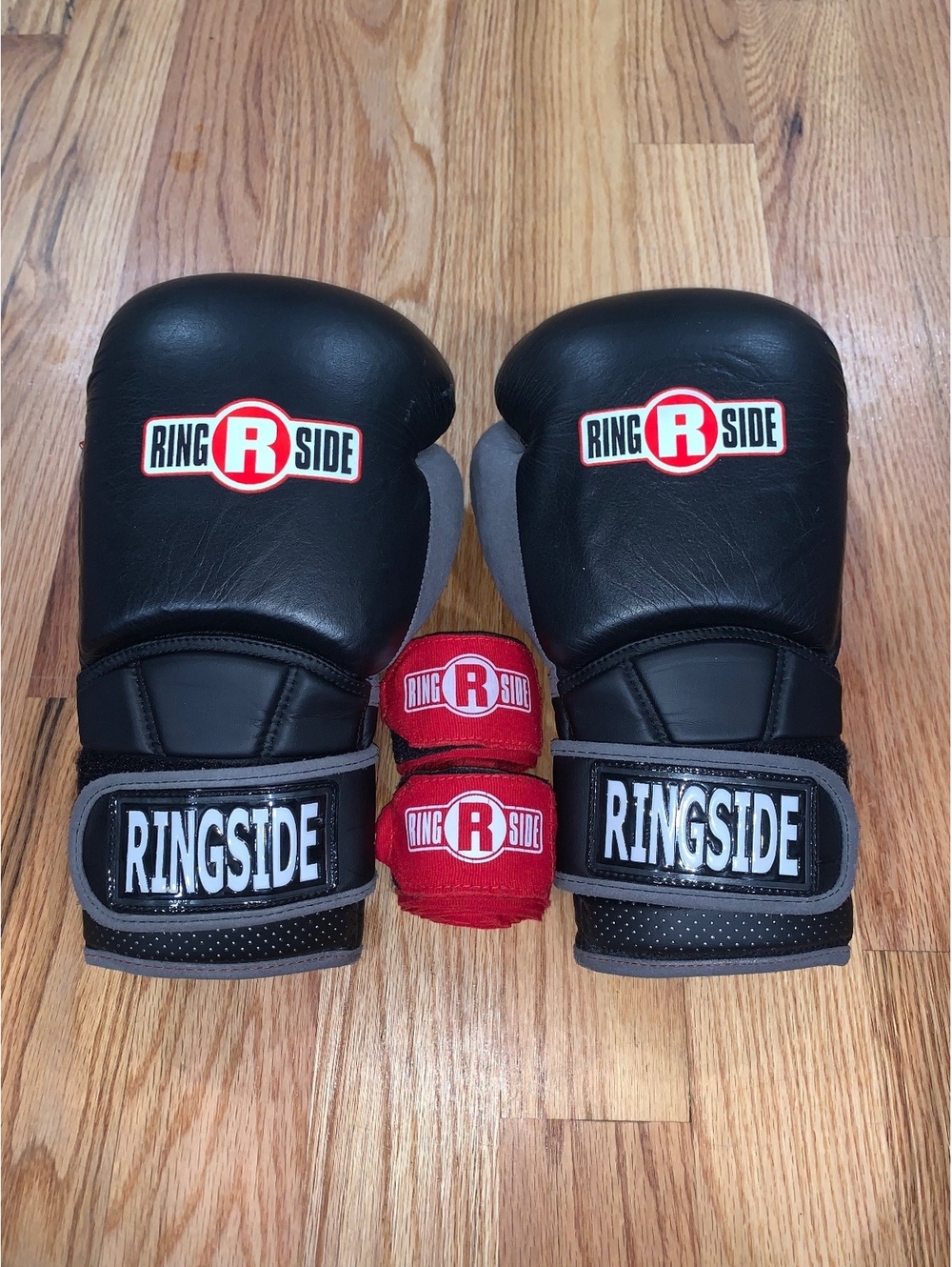 Ringside Boxing Gloves Black with Red Hand Wraps 16oz